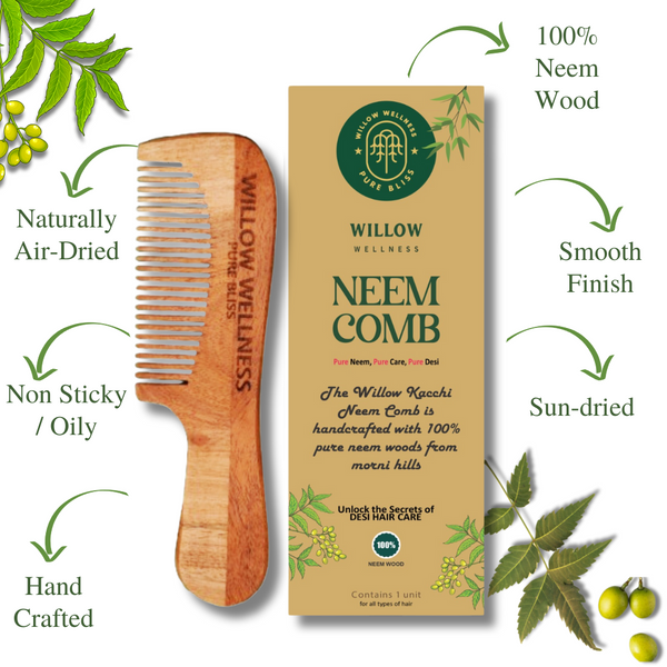 Willow Kacchi Neem Comb - Fine Tooth With Handle Wooden Neem Comb
